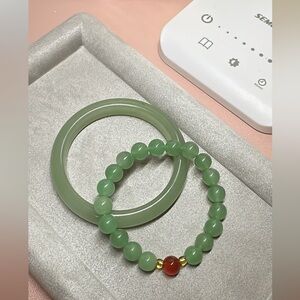Green Jade Bangle and Beaded Bracelet Set